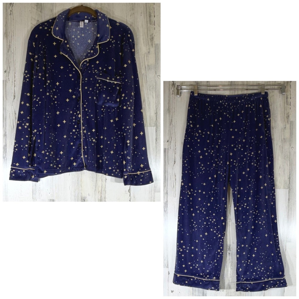 Joyspun Pajama Set Large Navy Blue Celestial Star Fleece Button Down Wide Leg